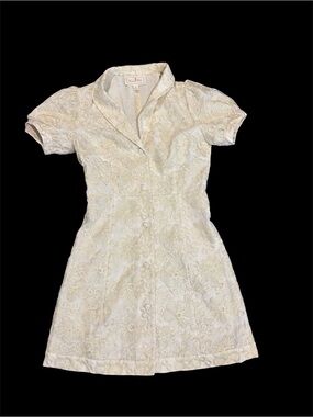 Cream Gold Floral Brocade Short Sleeve Mini Dress